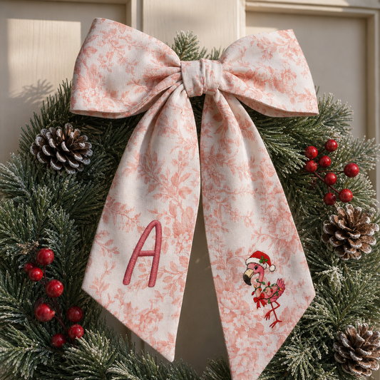 Custom Monogram Christmas Flamingo Floral Toile Wreath Bow, Personalized Initial Holiday Flamingo Wreath Sash & Front Door Decor