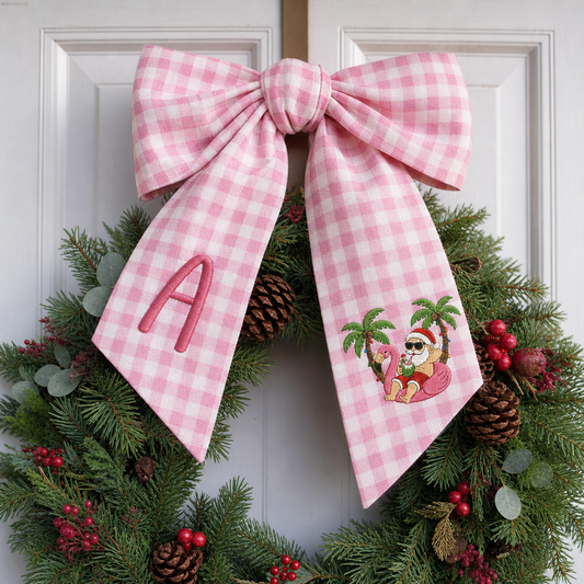 Custom Monogram Tropical Santa Gingham Wreath Bow, Personalized Initial Beach Flamingo Santa Christmas Wreath Sash & Front Door Decor