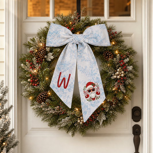 Custom Monogram Cool Santa Embroidered Christmas Wreath with Sash, Personalized Initial Holiday Front Door Wreath & Seasonal Home Decor