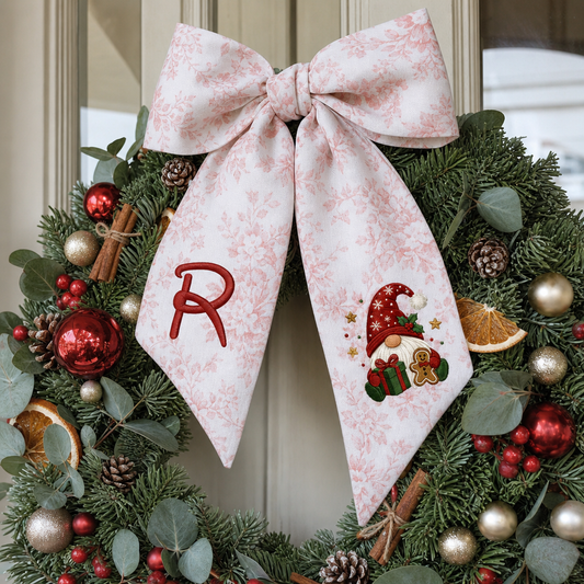 Custom Monogram Christmas Gnome Embroidered Linen Door Wreath Sash, Personalized Initial Gingerbread Gift Gnome Holiday Wreath Sash & Front Door Decor