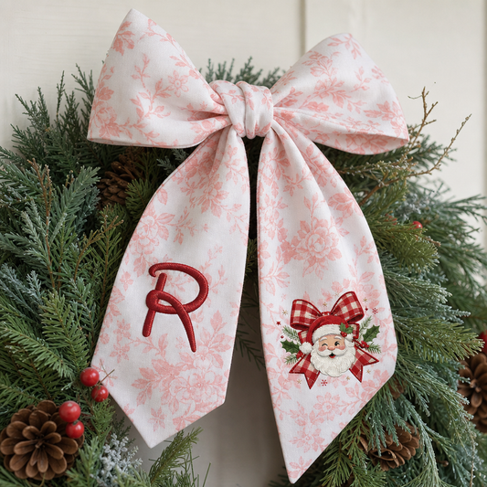 Custom Monogram Vintage Santa Embroidered Christmas Wreath with Sash, Personalized Initial Red Gingham Bow Santa Holiday Wreath & Front Door Decor