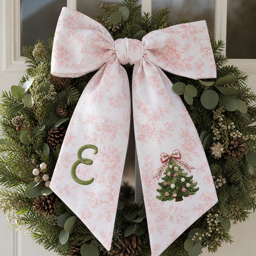Custom Monogram Christmas Tree Embroidered Linen Door Wreath Sash, Personalized Initial Pink Bow Pine Tree Holiday Wreath Sash & Front Door Decor