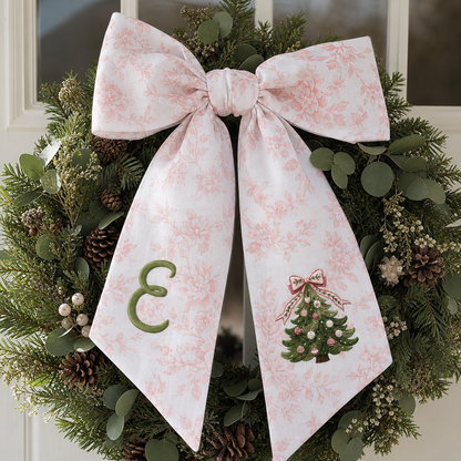 Custom Monogram Christmas Tree Embroidered Linen Door Wreath Sash, Personalized Initial Pink Bow Pine Tree Holiday Wreath Sash & Front Door Decor
