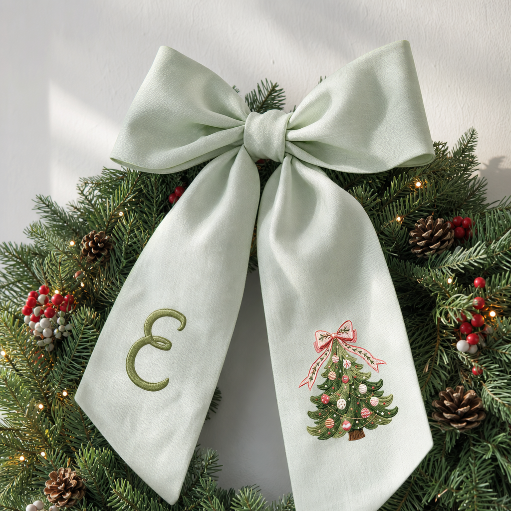 Custom Monogram Christmas Tree Embroidered Linen Door Wreath Sash, Personalized Initial Pink Bow Pine Tree Holiday Wreath Sash & Front Door Decor