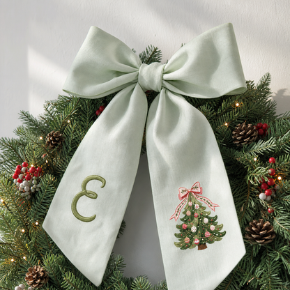 Custom Monogram Christmas Tree Embroidered Linen Door Wreath Sash, Personalized Initial Pink Bow Pine Tree Holiday Wreath Sash & Front Door Decor