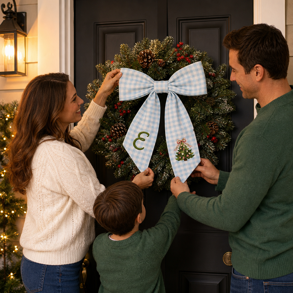Custom Monogram Christmas Tree Embroidered Linen Door Wreath Sash, Personalized Initial Pink Bow Pine Tree Holiday Wreath Sash & Front Door Decor