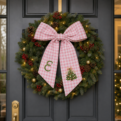 Custom Monogram Christmas Tree Embroidered Linen Door Wreath Sash, Personalized Initial Pink Bow Pine Tree Holiday Wreath Sash & Front Door Decor