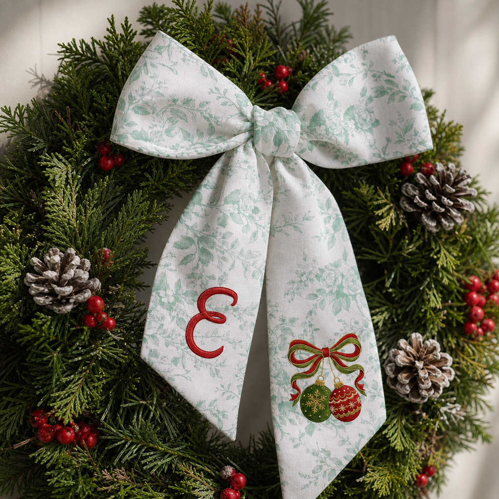 Custom Monogram Christmas Ornaments Embroidered Linen Door Wreath Sash, Personalized Initial Red Green Baubles Ribbon Holiday Wreath Sash & Front Door Decor