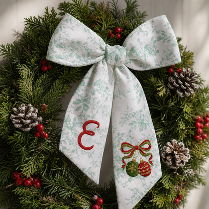 Custom Monogram Christmas Ornaments Embroidered Linen Door Wreath Sash, Personalized Initial Red Green Baubles Ribbon Holiday Wreath Sash & Front Door Decor