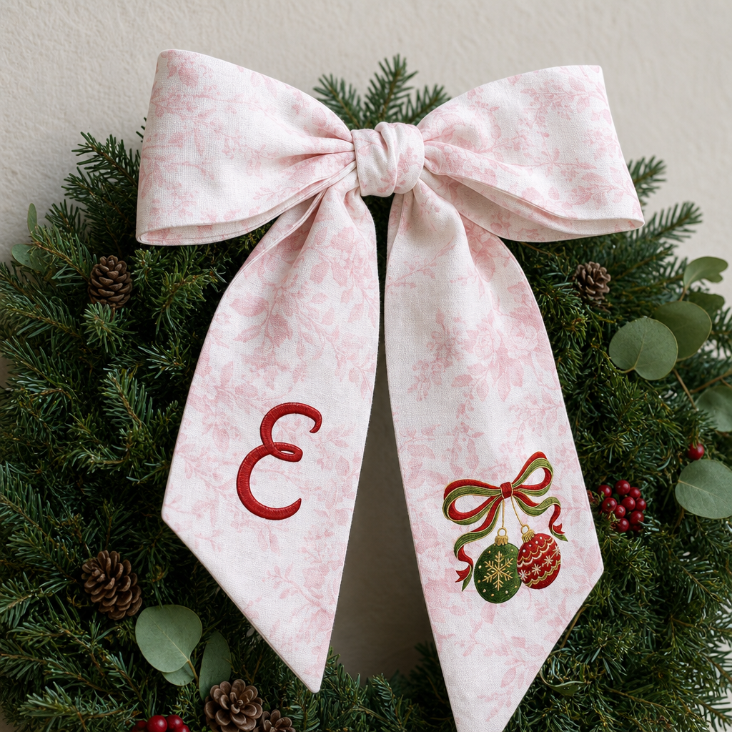 Custom Monogram Christmas Ornaments Embroidered Linen Door Wreath Sash, Personalized Initial Red Green Baubles Ribbon Holiday Wreath Sash & Front Door Decor