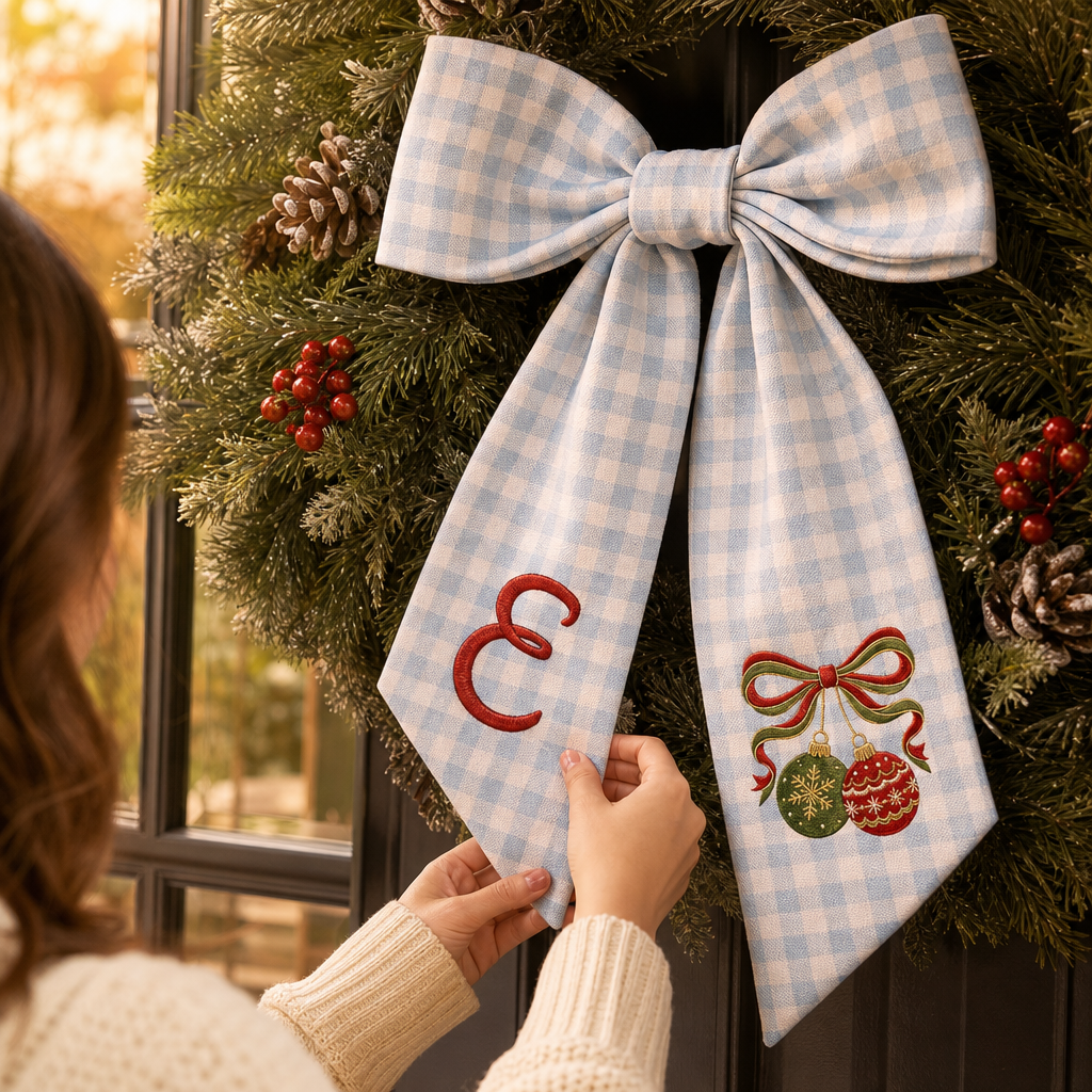 Custom Monogram Christmas Ornaments Embroidered Linen Door Wreath Sash, Personalized Initial Red Green Baubles Ribbon Holiday Wreath Sash & Front Door Decor