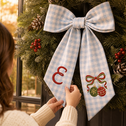 Custom Monogram Christmas Ornaments Embroidered Linen Door Wreath Sash, Personalized Initial Red Green Baubles Ribbon Holiday Wreath Sash & Front Door Decor