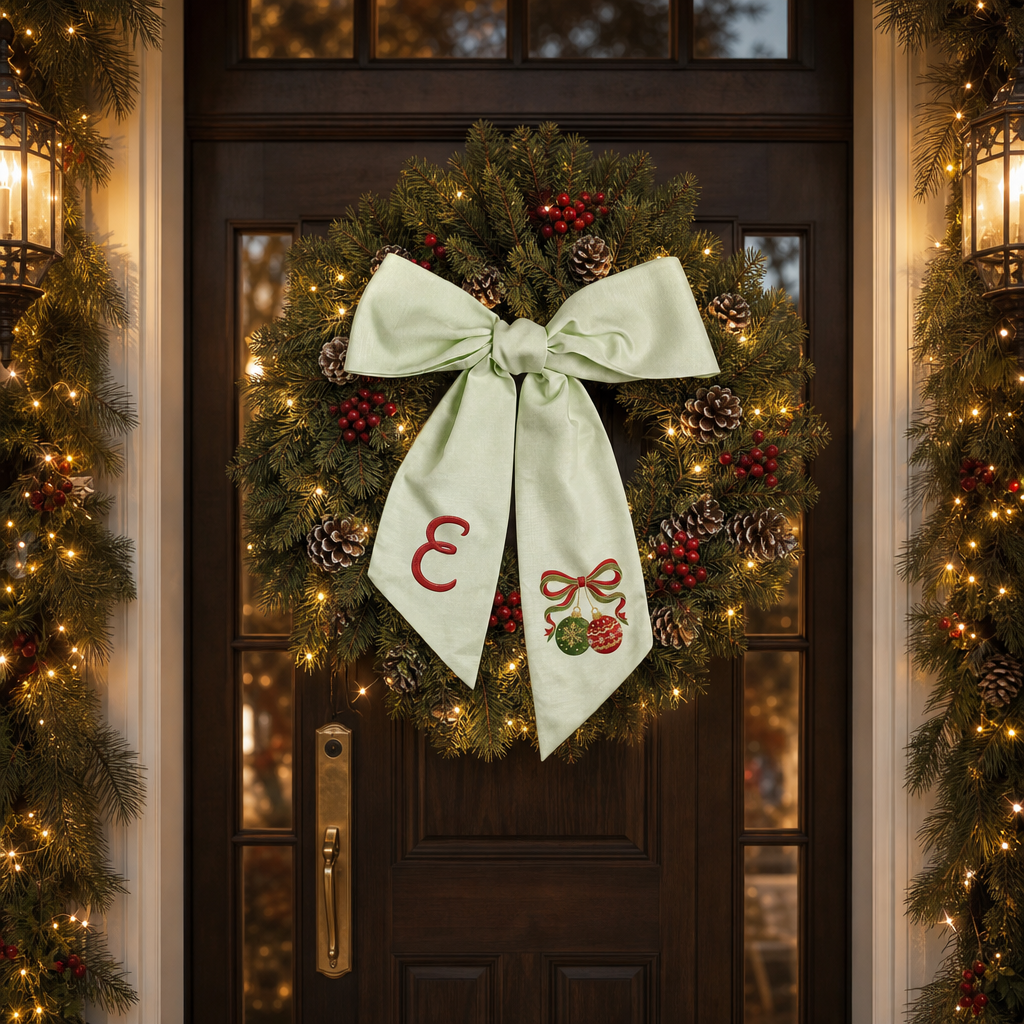 Custom Monogram Christmas Ornaments Embroidered Linen Door Wreath Sash, Personalized Initial Red Green Baubles Ribbon Holiday Wreath Sash & Front Door Decor
