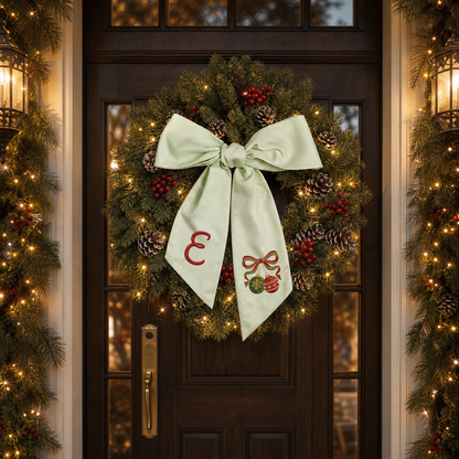Custom Monogram Christmas Ornaments Embroidered Linen Door Wreath Sash, Personalized Initial Red Green Baubles Ribbon Holiday Wreath Sash & Front Door Decor