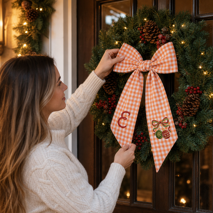 Custom Monogram Christmas Ornaments Embroidered Linen Door Wreath Sash, Personalized Initial Red Green Baubles Ribbon Holiday Wreath Sash & Front Door Decor