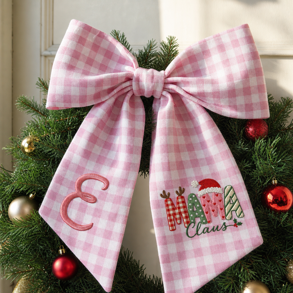 Custom Monogram Mama Claus Embroidered Linen Door Wreath Sash, Personalized Initial Santa Hat Reindeer Festive Typography Holiday Wreath Sash & Front Door Decor