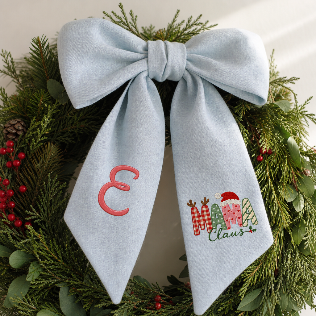 Custom Monogram Mama Claus Embroidered Linen Door Wreath Sash, Personalized Initial Santa Hat Reindeer Festive Typography Holiday Wreath Sash & Front Door Decor