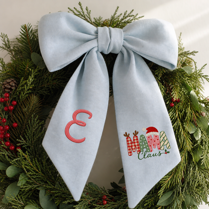 Custom Monogram Mama Claus Embroidered Linen Door Wreath Sash, Personalized Initial Santa Hat Reindeer Festive Typography Holiday Wreath Sash & Front Door Decor