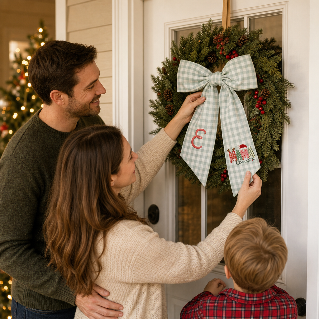 Custom Monogram Mama Claus Embroidered Linen Door Wreath Sash, Personalized Initial Santa Hat Reindeer Festive Typography Holiday Wreath Sash & Front Door Decor