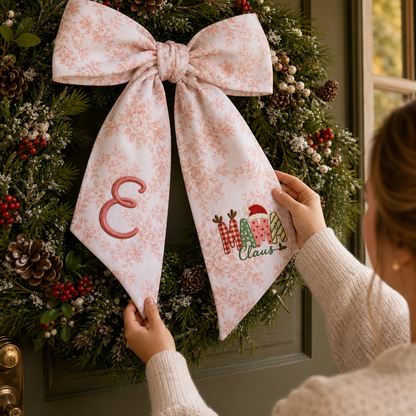 Custom Monogram Mama Claus Embroidered Linen Door Wreath Sash, Personalized Initial Santa Hat Reindeer Festive Typography Holiday Wreath Sash & Front Door Decor