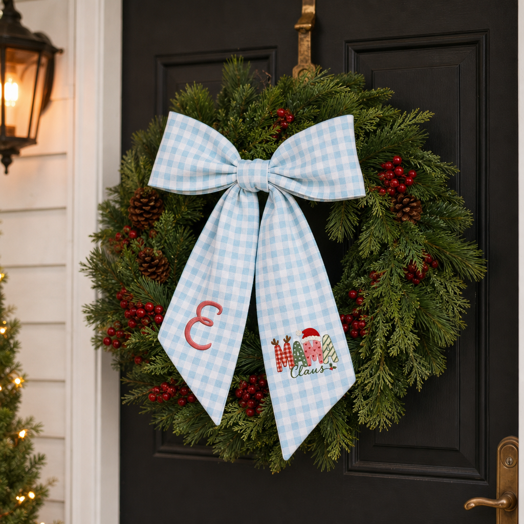 Custom Monogram Mama Claus Embroidered Linen Door Wreath Sash, Personalized Initial Santa Hat Reindeer Festive Typography Holiday Wreath Sash & Front Door Decor