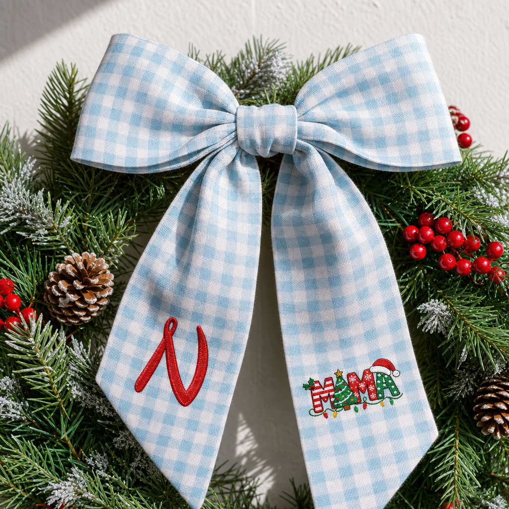 Custom Monogram Mama Embroidered Linen Door Wreath Sash, Personalized Initial Christmas Tree Lights Santa Hat Typography Holiday Wreath Sash & Front Door Decor
