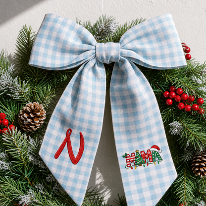 Custom Monogram Mama Embroidered Linen Door Wreath Sash, Personalized Initial Christmas Tree Lights Santa Hat Typography Holiday Wreath Sash & Front Door Decor