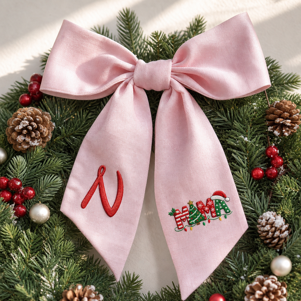 Custom Monogram Mama Embroidered Linen Door Wreath Sash, Personalized Initial Christmas Tree Lights Santa Hat Typography Holiday Wreath Sash & Front Door Decor