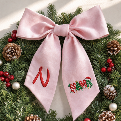 Custom Monogram Mama Embroidered Linen Door Wreath Sash, Personalized Initial Christmas Tree Lights Santa Hat Typography Holiday Wreath Sash & Front Door Decor