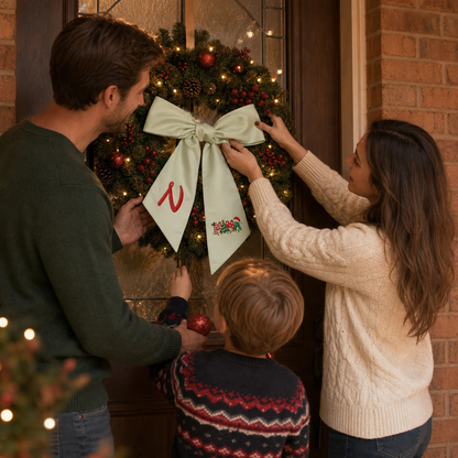 Custom Monogram Mama Embroidered Linen Door Wreath Sash, Personalized Initial Christmas Tree Lights Santa Hat Typography Holiday Wreath Sash & Front Door Decor