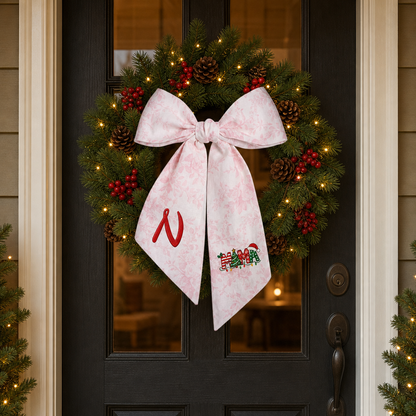 Custom Monogram Mama Embroidered Linen Door Wreath Sash, Personalized Initial Christmas Tree Lights Santa Hat Typography Holiday Wreath Sash & Front Door Decor