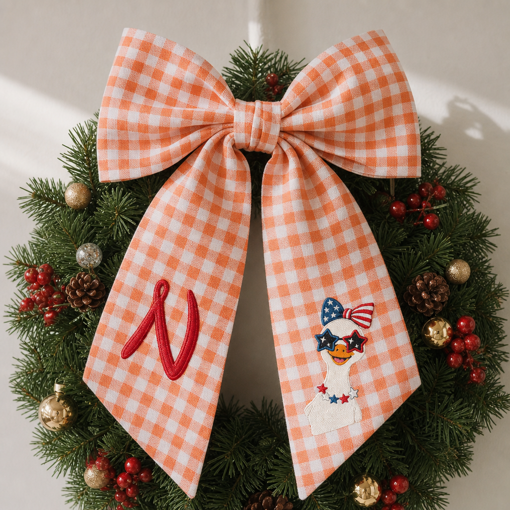 Custom Monogram Patriotic Goose Embroidered Linen Door Wreath Sash, Personalized Initial Bow Goose Gingham Holiday Wreath Sash & Front Door Decor