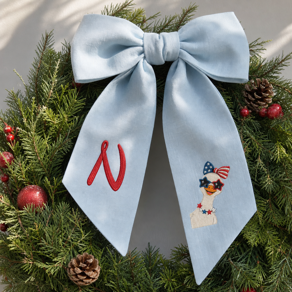 Custom Monogram Patriotic Goose Embroidered Linen Door Wreath Sash, Personalized Initial Bow Goose Gingham Holiday Wreath Sash & Front Door Decor