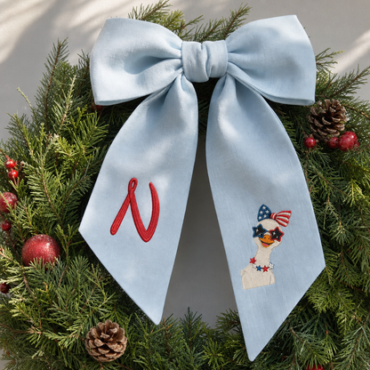 Custom Monogram Patriotic Goose Embroidered Linen Door Wreath Sash, Personalized Initial Bow Goose Gingham Holiday Wreath Sash & Front Door Decor