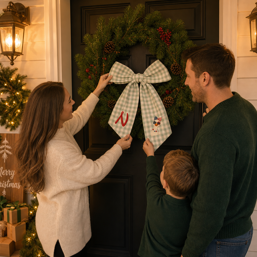 Custom Monogram Patriotic Goose Embroidered Linen Door Wreath Sash, Personalized Initial Bow Goose Gingham Holiday Wreath Sash & Front Door Decor