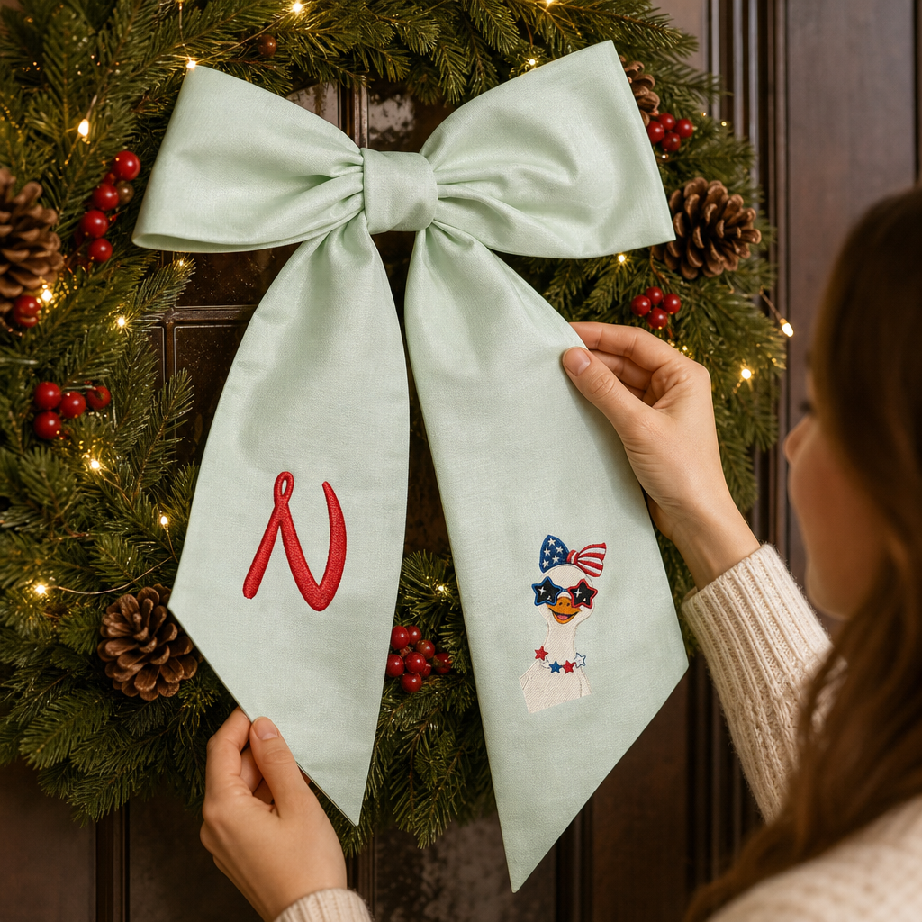 Custom Monogram Patriotic Goose Embroidered Linen Door Wreath Sash, Personalized Initial Bow Goose Gingham Holiday Wreath Sash & Front Door Decor