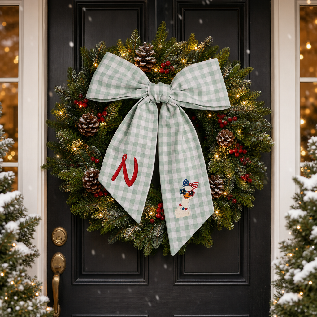 Custom Monogram Patriotic Goose Embroidered Linen Door Wreath Sash, Personalized Initial Bow Goose Gingham Holiday Wreath Sash & Front Door Decor