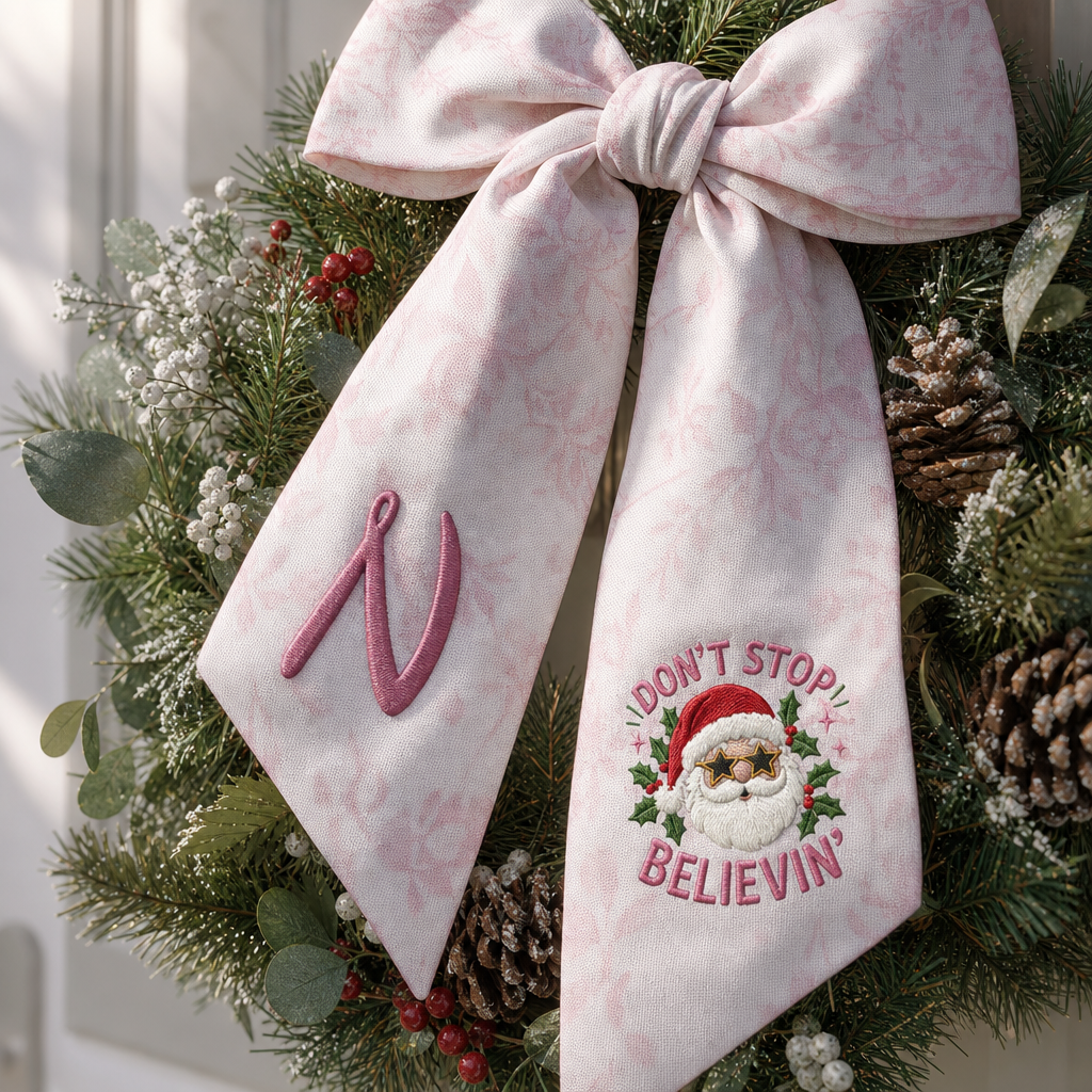 Custom Monogram Don't Stop Believin' Santa Embroidered Linen Door Wreath Sash, Personalized Initial Star Sunglasses Santa Quote Holiday Wreath Sash & Front Door Decor