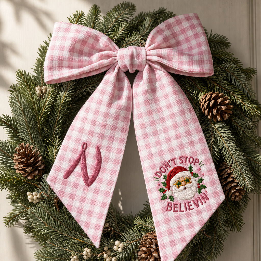 Custom Monogram Don't Stop Believin' Santa Embroidered Linen Door Wreath Sash, Personalized Initial Star Sunglasses Santa Quote Holiday Wreath Sash & Front Door Decor