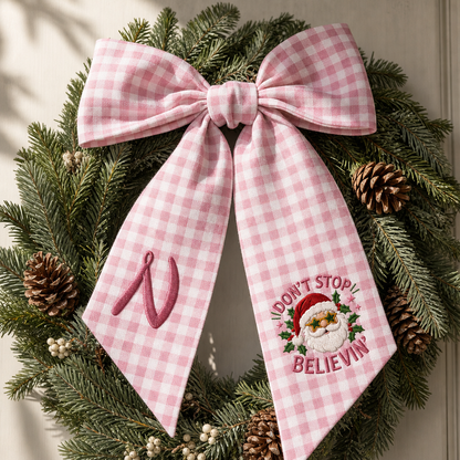 Custom Monogram Don't Stop Believin' Santa Embroidered Linen Door Wreath Sash, Personalized Initial Star Sunglasses Santa Quote Holiday Wreath Sash & Front Door Decor