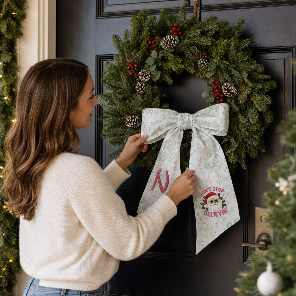 Custom Monogram Don't Stop Believin' Santa Embroidered Linen Door Wreath Sash, Personalized Initial Star Sunglasses Santa Quote Holiday Wreath Sash & Front Door Decor