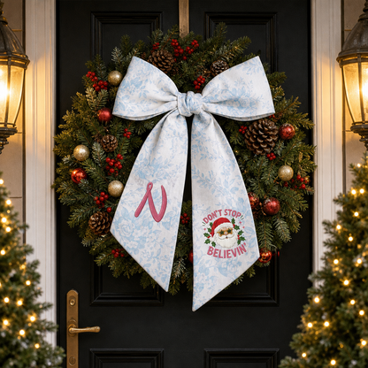 Custom Monogram Don't Stop Believin' Santa Embroidered Linen Door Wreath Sash, Personalized Initial Star Sunglasses Santa Quote Holiday Wreath Sash & Front Door Decor