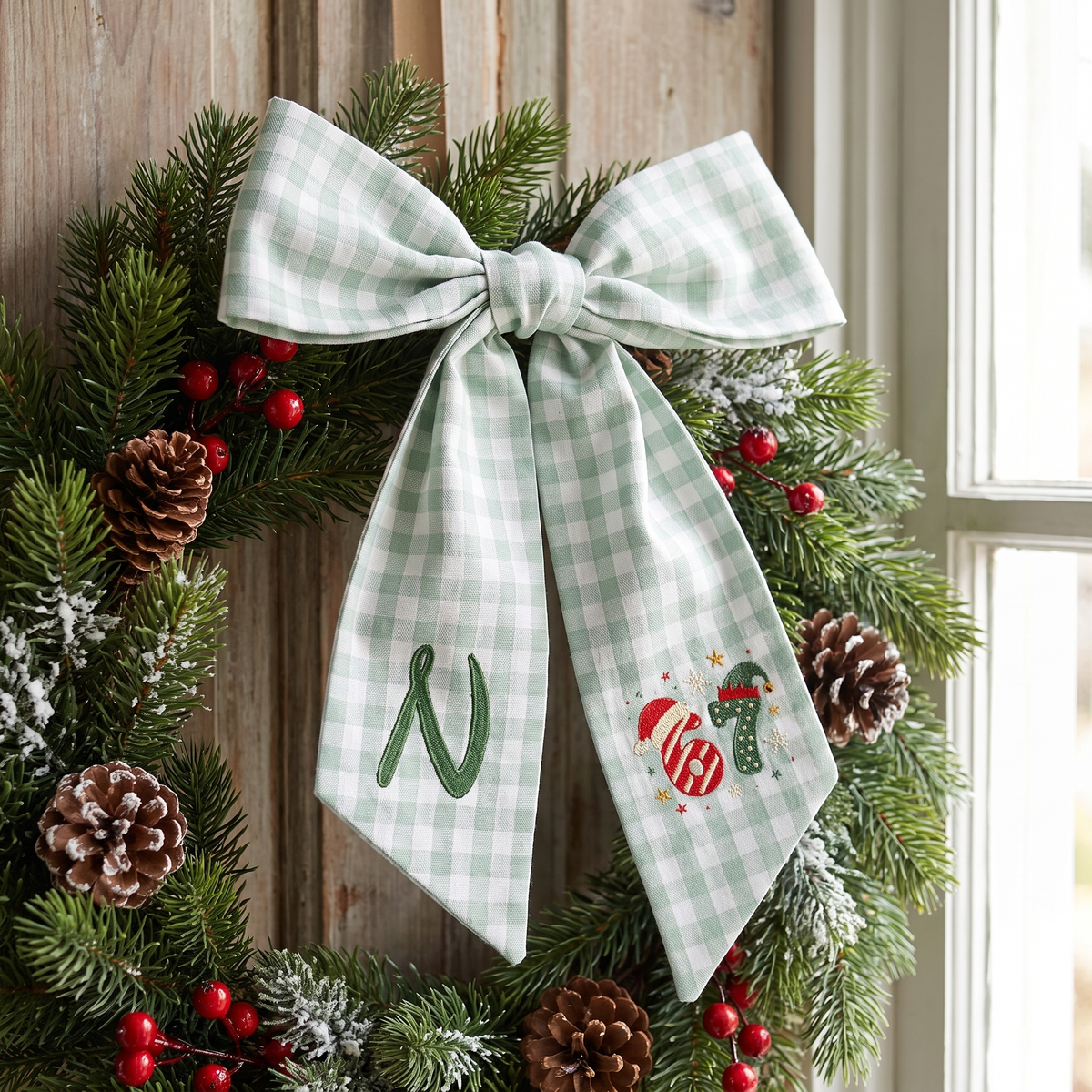 Custom Monogram Christmas 67 Santa Elf Hat Embroidered Linen Door Wreath Sash, Personalized Wreath Sash & Front Door Decor