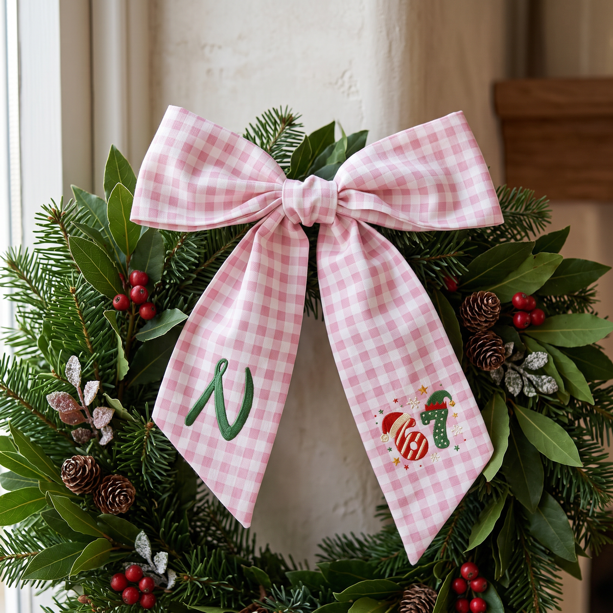 Custom Monogram Christmas 67 Santa Elf Hat Embroidered Linen Door Wreath Sash, Personalized Wreath Sash & Front Door Decor