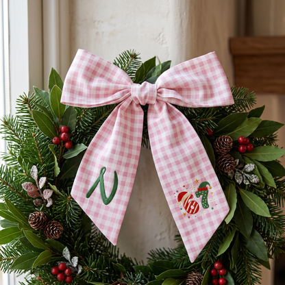 Custom Monogram Christmas 67 Santa Elf Hat Embroidered Linen Door Wreath Sash, Personalized Wreath Sash & Front Door Decor