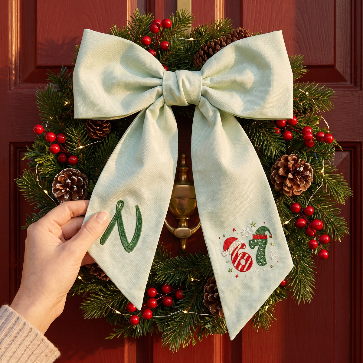 Custom Monogram Christmas 67 Santa Elf Hat Embroidered Linen Door Wreath Sash, Personalized Wreath Sash & Front Door Decor