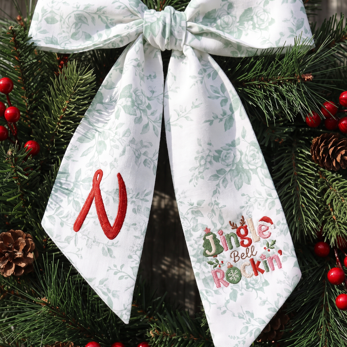 Custom Monogram Jingle Bell Rockin' Embroidered Linen Door Wreath Sash, Personalized Initial Festive Typography Reindeer Santa Hat Holiday Wreath Sash & Front Door Decor