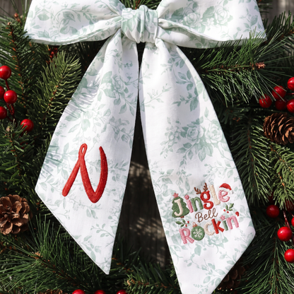 Custom Monogram Jingle Bell Rockin' Embroidered Linen Door Wreath Sash, Personalized Initial Festive Typography Reindeer Santa Hat Holiday Wreath Sash & Front Door Decor