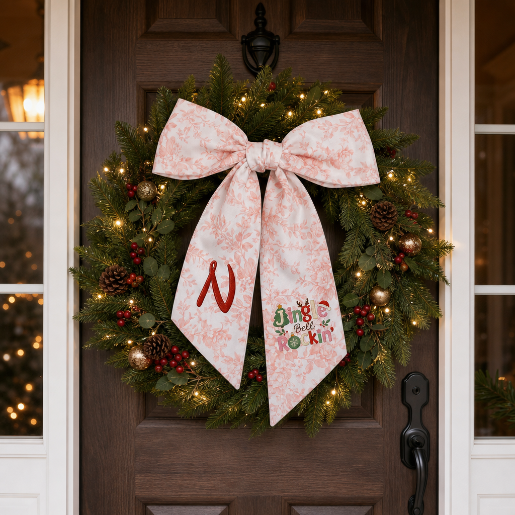 Custom Monogram Jingle Bell Rockin' Embroidered Linen Door Wreath Sash, Personalized Initial Festive Typography Reindeer Santa Hat Holiday Wreath Sash & Front Door Decor