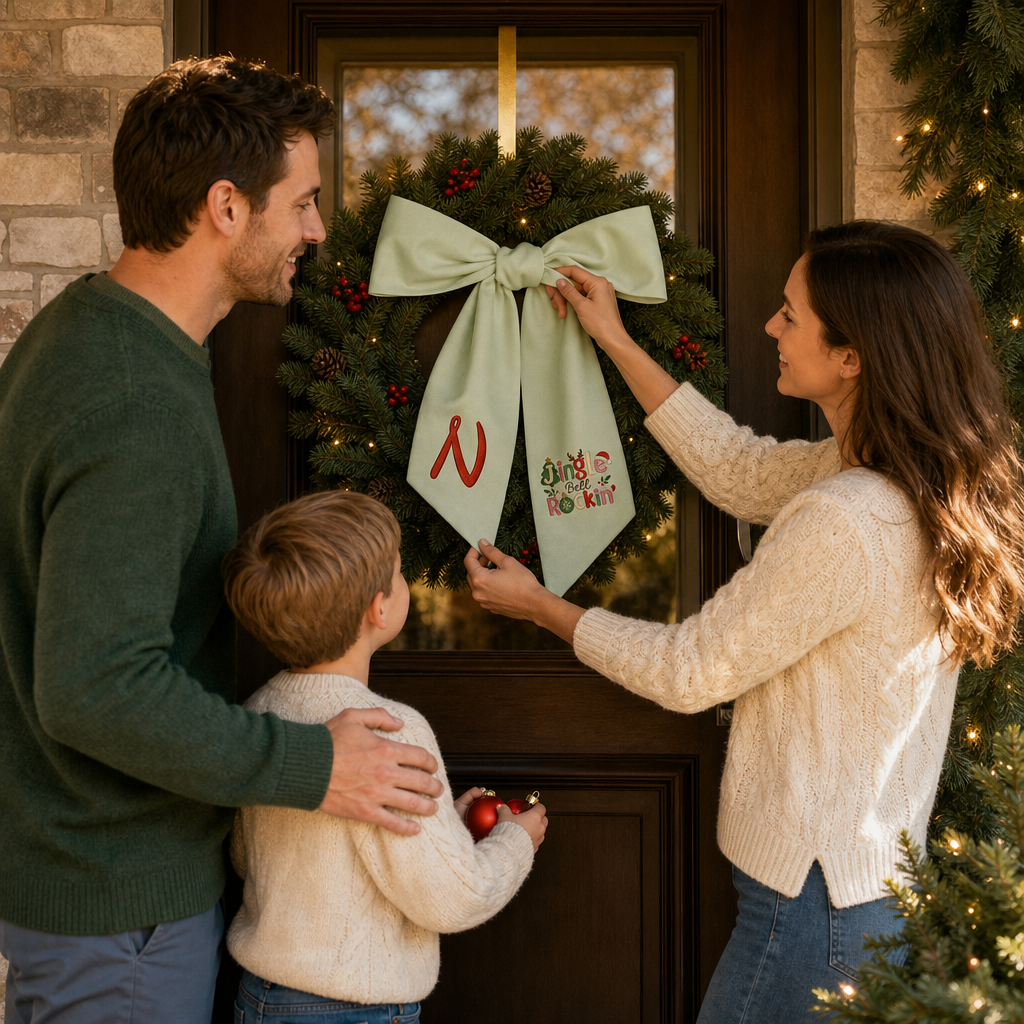 Custom Monogram Jingle Bell Rockin' Embroidered Linen Door Wreath Sash, Personalized Initial Festive Typography Reindeer Santa Hat Holiday Wreath Sash & Front Door Decor
